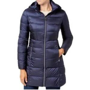 Michael Kors Down Feather Long Packable Puffer Coat Navy Blue Fitted